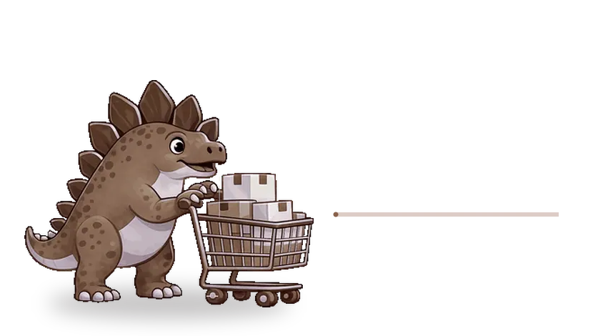 Estegosaurio comerciante recorriendo las cuatro fases del proceso de e-commerce