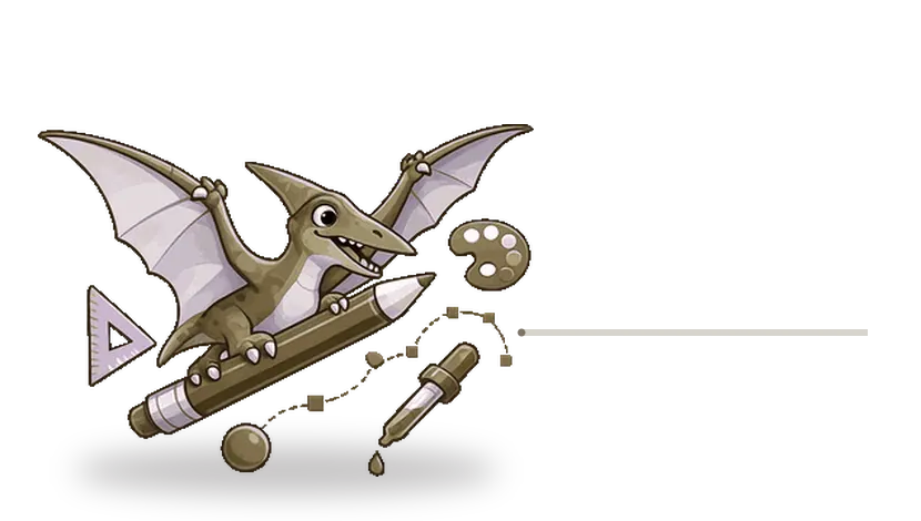 Pterodáctilo recorriendo las cuatro fases del proceso de imagen corporativa y diseño gráfico